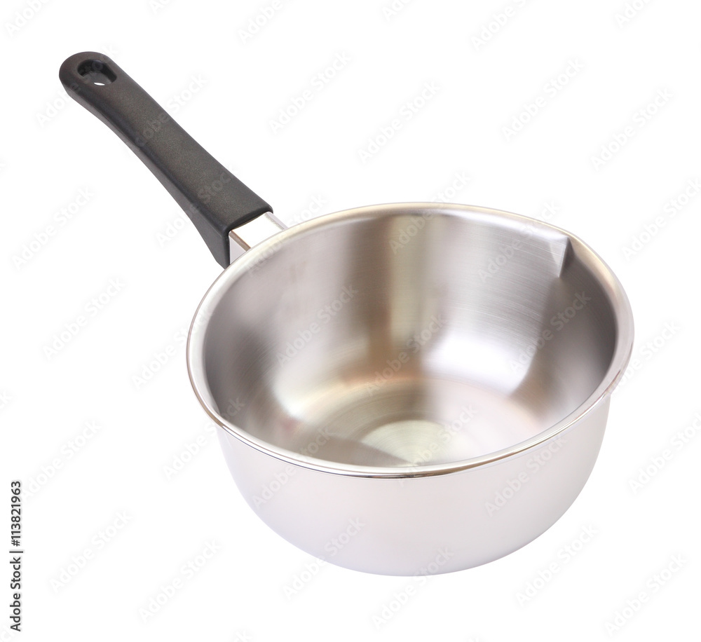 Wide of black handle stainless steel pot on white background. Wide of black handle stainless steel pot on white background.