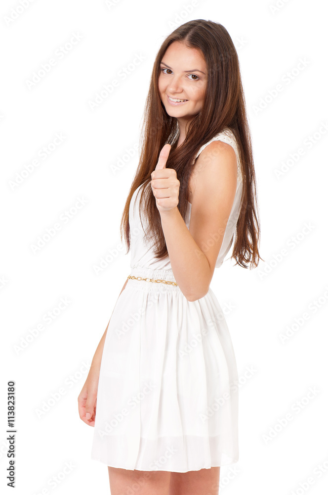Happy teen girl portrait showing thumb up, isolated on white background. Young cheerful girl having fun. Happy teen girl portrait showing thumb up, isolated on white background. Young cheerful girl having fun.