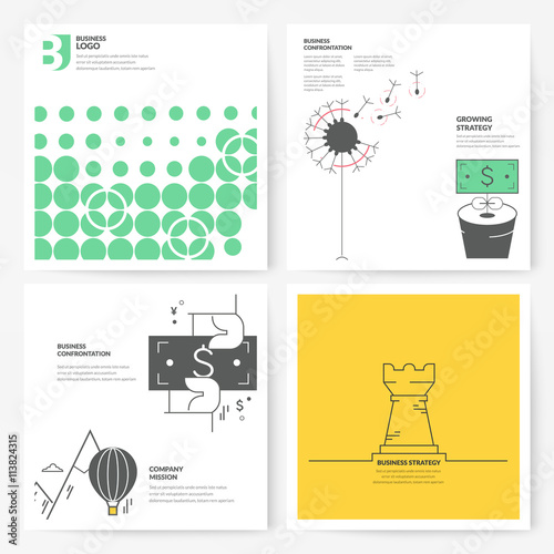 Business brochure flyer design layout template, with concept icons:
Company Strategy