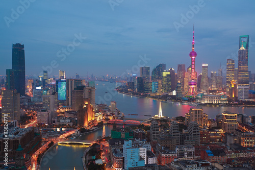 Aerial photography at Shanghai bund Skyline of night scene