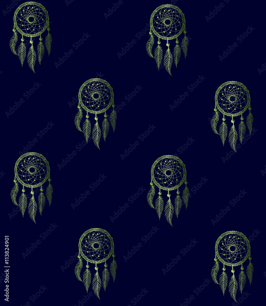 Fototapeta premium Drawing of a seamless pattern with green gradient native american dreamcatcher on a dark blue background