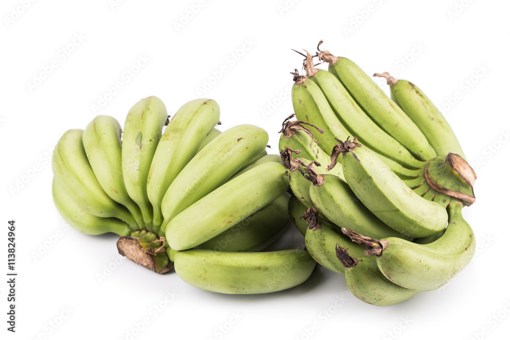 Two bunches of sweet organic green banana on white background