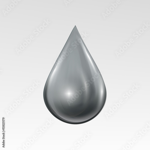 Waterdrop on light gray background. Water bubble with glares and highlights. Metal chrome droplet.