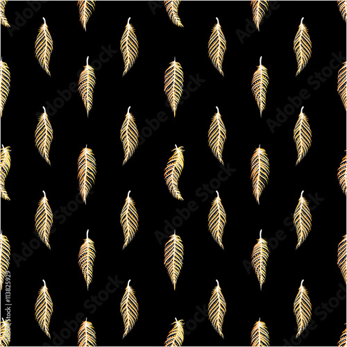 Drawing of a seamless pattern with gold feathers on a black background