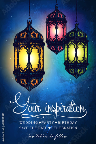 Amazing moroccan vintage lanterns at magical night sky background. Unusual vector illustration. Inspiration card. Festive hanging arabic lamps.