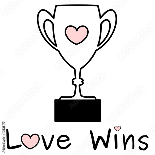cute black white pink love wins quote with lovely trophy vector illustration