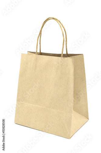 Brown paper shopping bag isolated on white background.