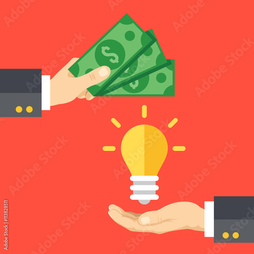 Hand holds money, hand holds lightbulb. Buy idea, investing in innovation, modern technology business concept. Modern flat design vector illustration