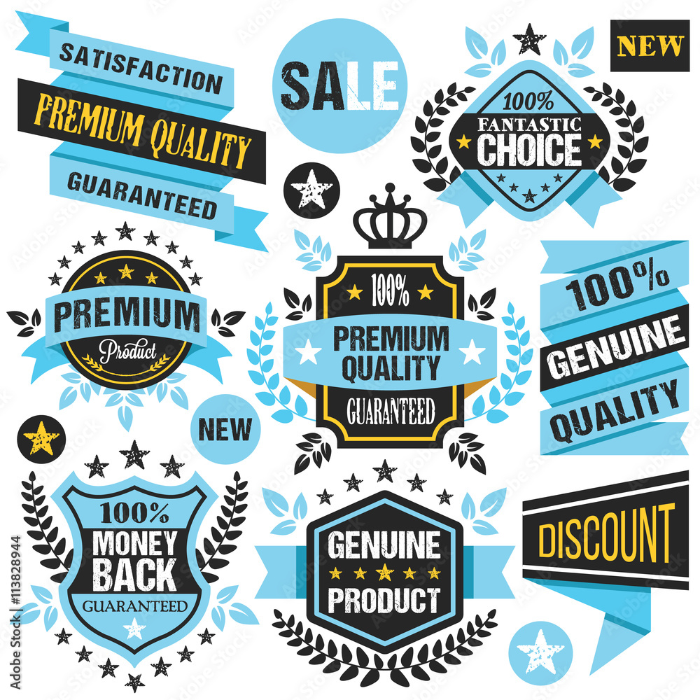 Blue stickers, badges, ribbons and labels set. Creative flat design graphic elements. Vector illustration