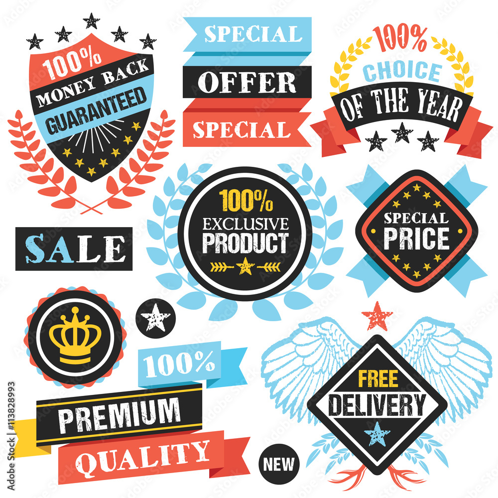 Colorful labels, stickers, ribbons and badges set. Creative flat design graphic elements. Vector illustration