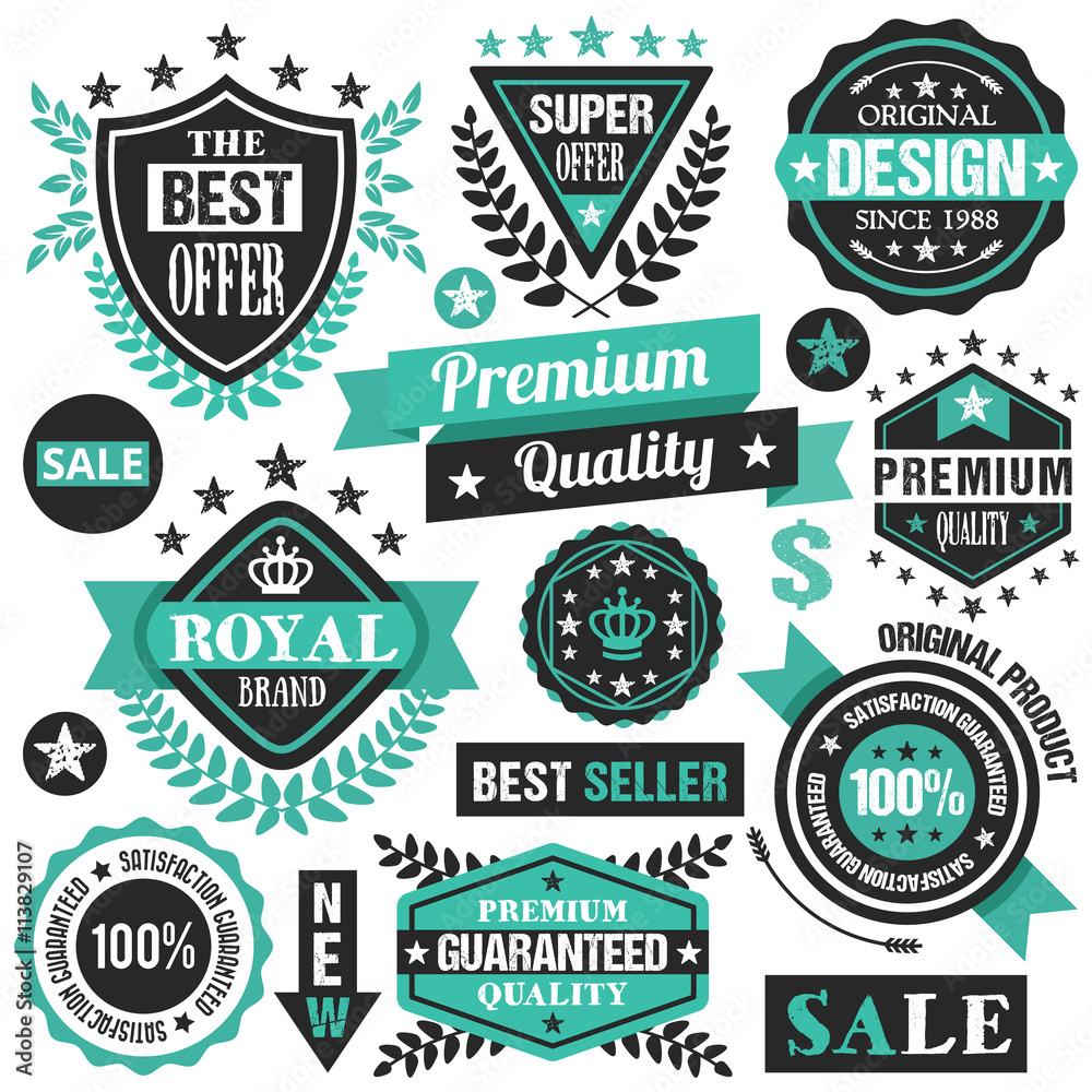 Turquoise badges, ribbons and stickers set. Vector illustration isolated on white background