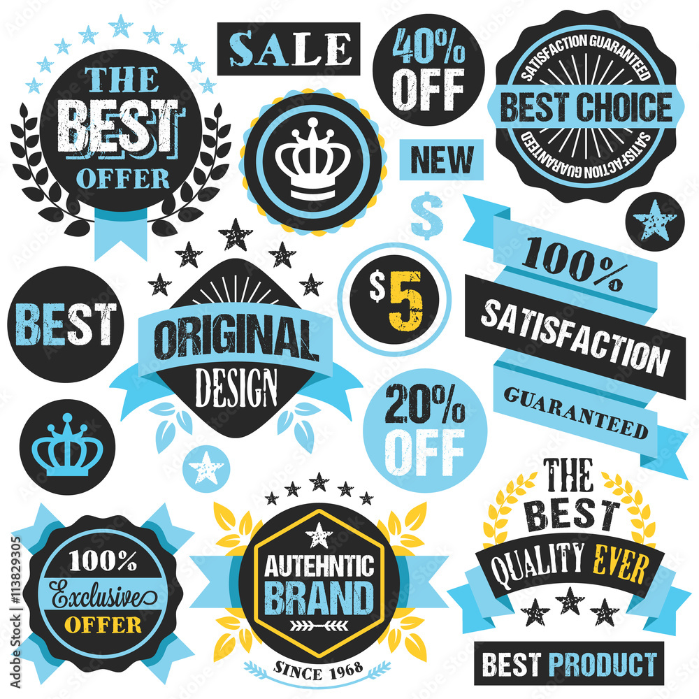 Trendy shopping labels, discount badges, ribbons set. Blue, black, red and yellow colors. Vector illustration isolated on white background