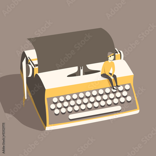 Man on vintage typewriter. Vector illustration. Isolated background