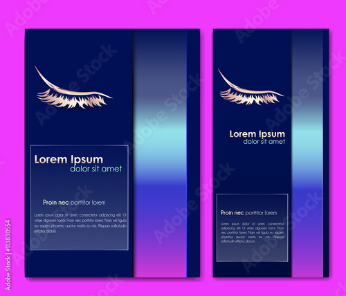 Set female template flyer for gift voucher, beauty invitation on dark background with eyelashes