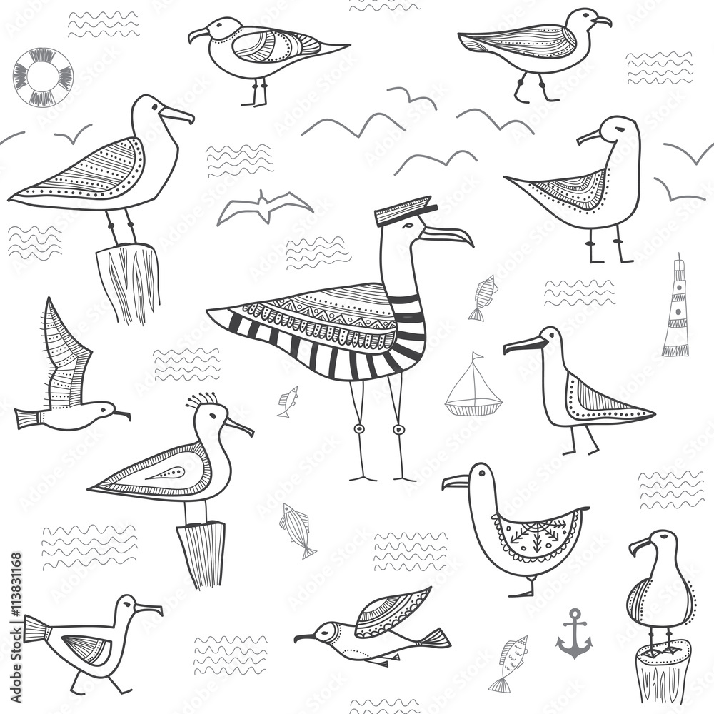 Naklejka premium seagulls seamless pattern in ethnic tribal boho style.Can be printed and used as wrapping paper, wallpaper, textile, etc.