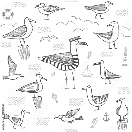 seagulls seamless pattern in ethnic tribal boho style.Can be printed and used as wrapping paper, wallpaper, textile, etc.