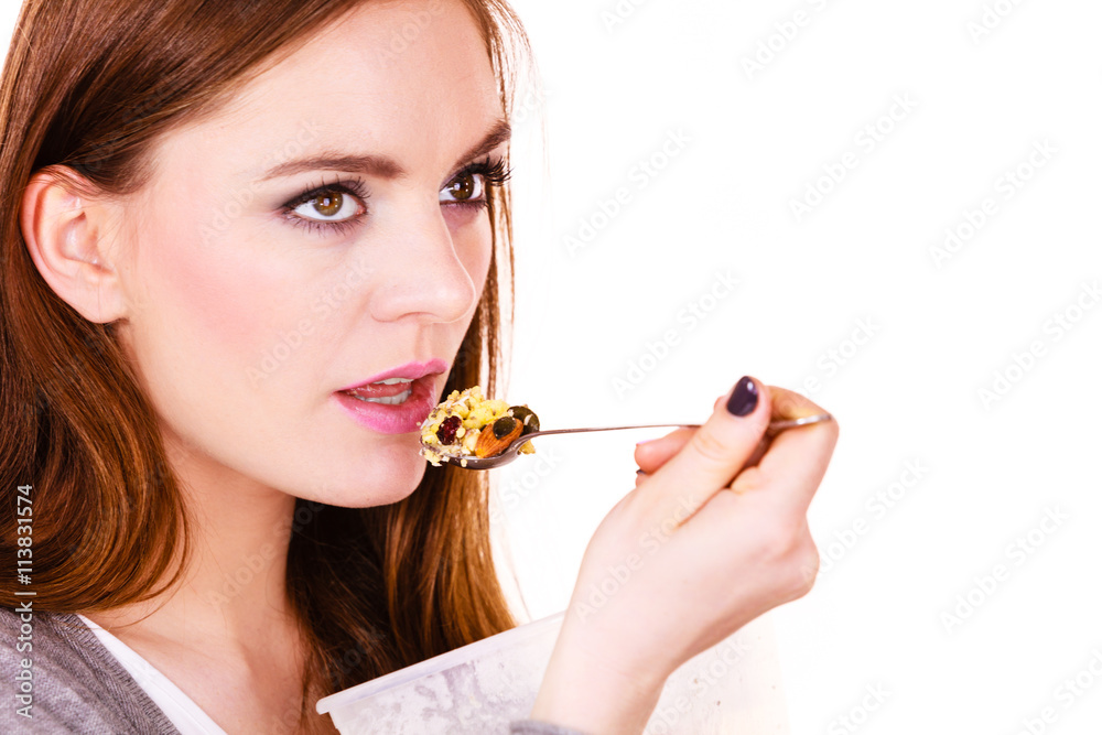 Woman eat oatmeal with dry fruits. Dieting Woman eat oatmeal with dry fruits. Dieting