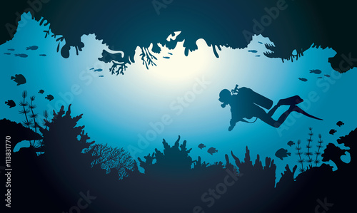 Scuba diver and coral reef on asea.
