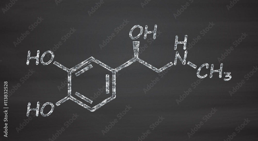 Adrenaline (adrenalin, epinephrine) neurotransmitter molecule. Adrenaline (adrenalin, epinephrine) neurotransmitter molecule.