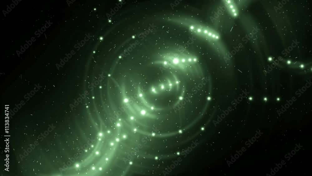 Abstract motion green background with particles and stars on a black background. Abstract animated motion background of spinning spheres with lines. Seamless loop. Abstract motion green background with particles and stars on a black background. Abstract animated motion background of spinning spheres with lines. Seamless loop.
