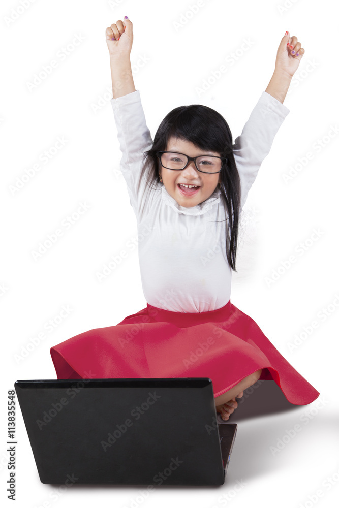 Cheerful girl with notebook raise hands Cheerful girl with notebook raise hands