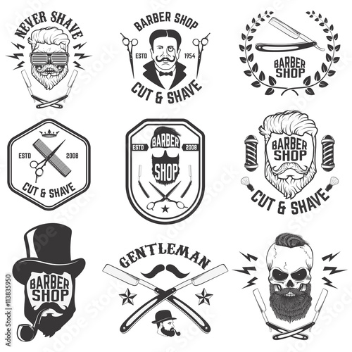 Barber shop emblems. Set of the barber tools. Different hairstyl