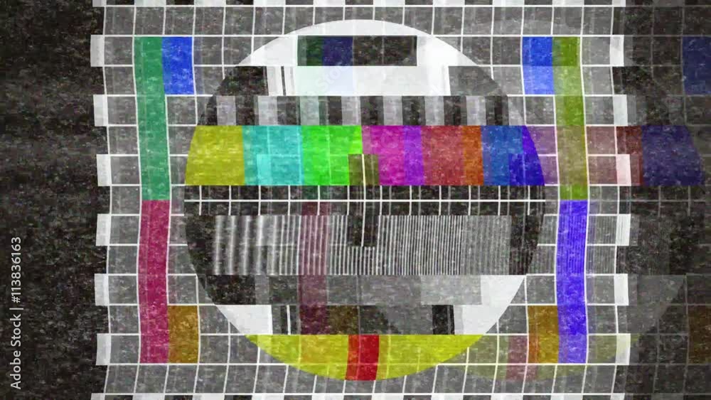 4k analogue old CRT TV test card with color bars, full of noise, static, grain, ghosting artifacts.
