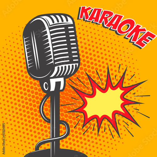Karaoke. Old style microphone on pop art style background. Vecto