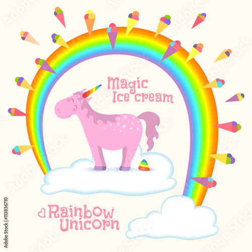 Magical unicorn standing on cloud under rainbow creates ice cream. Vector illustration