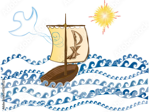 Boat on the stormy sea as the symbol of the Christian Church. 