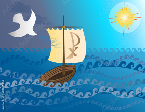 Boat on the stormy sea as the symbol of the Christian Church. 
