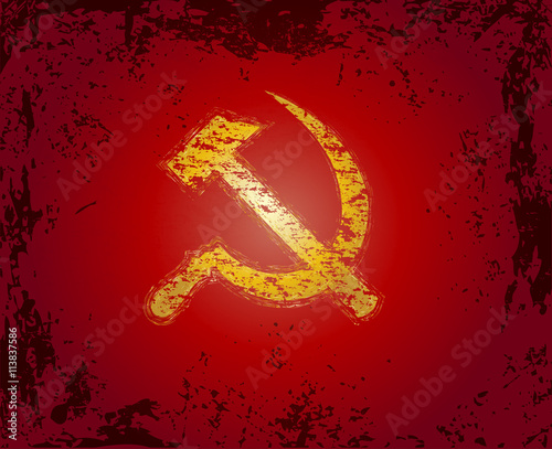 Communism red flag with hammer and sickle symbols. Abstract red grunge rusty vintage vector illustration.