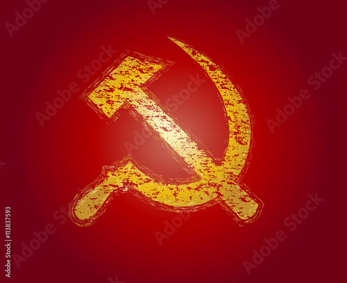 Communism red flag with hammer and sickle symbols. Abstract red grunge rusty vintage vector illustration.