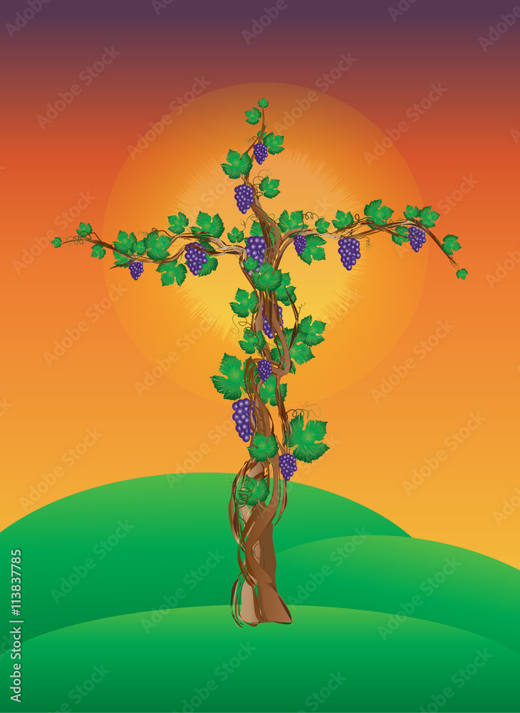 Floral cross with grapevine, grape clusters on a vine tree, on hills at