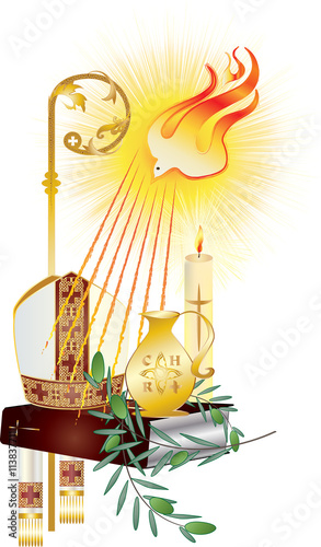 Sacrament of Confirmation, symbolic vector drawing illustration, with the holy olive oil and olive branch, a bishop's pastoral staff and mitre, a dove - symbol of the Holy Spirit.