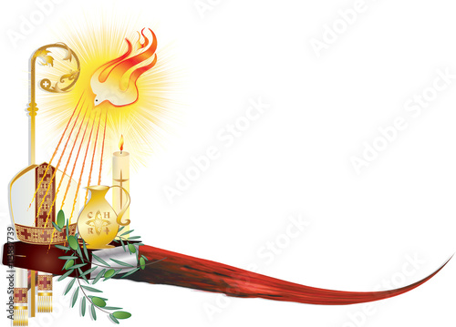 Sacrament of Confirmation, symbolic vector drawing illustration, with the holy olive oil and olive branch, a bishop's pastoral staff and mitre, a dove - symbol of the Holy Spirit.