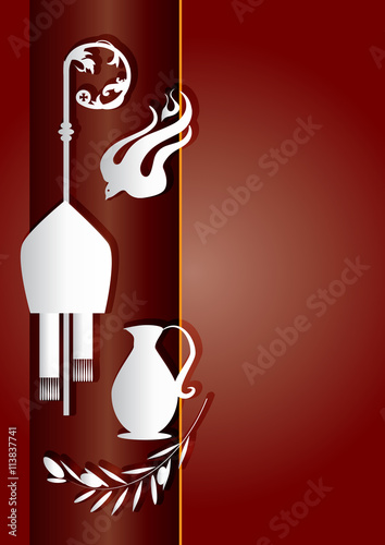 Sacrament of Confirmation, symbolic vector drawing illustration, with the holy olive oil and olive branch, a bishop's pastoral staff and mitre, a dove - symbol of the Holy Spirit.