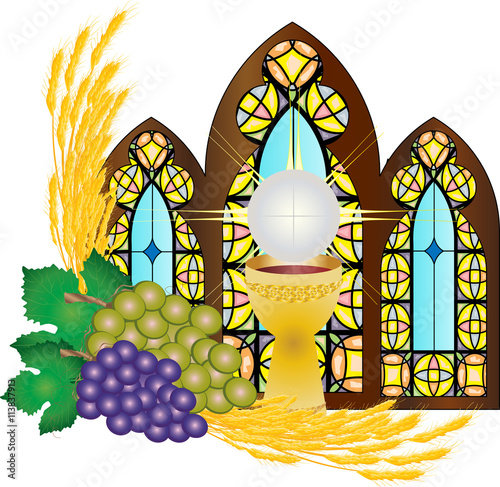 Eucharist symbol of bread and wine, chalice and host, with wheat ears and grapes, with a cross. First communion vector illustration, with stained glass church window.