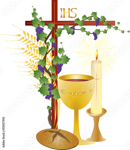 Eucharist symbols of bread and wine, cross, chalice and host with wheat ears and grapes vine. FIrst communion christian color vector illustration.