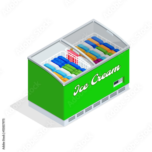 Refrigeration equipment for ice cream for supermarkets, shops, cafes and restaurants. Flat 3d isometric illustration.