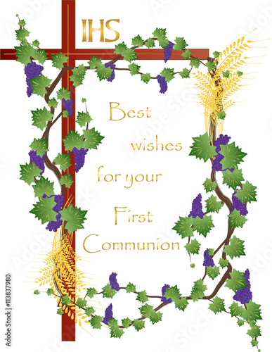Eucharist symbols of bread and wine, wheat ears, grapes and vine on a cross. FIrst communion christian color vector illustration.