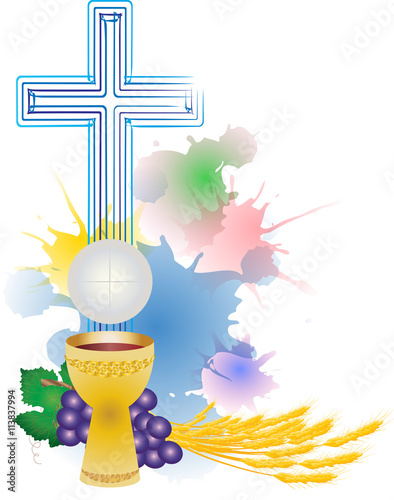 Eucharist symbols of bread and wine, chalice and host with wheat ears and grapes vine. FIrst communion christian abstract artistic color vector illustration with color splats.