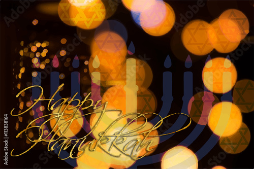 Nine Candles and Stars of David on abstract bokeh background - happy Hanukkah menorah