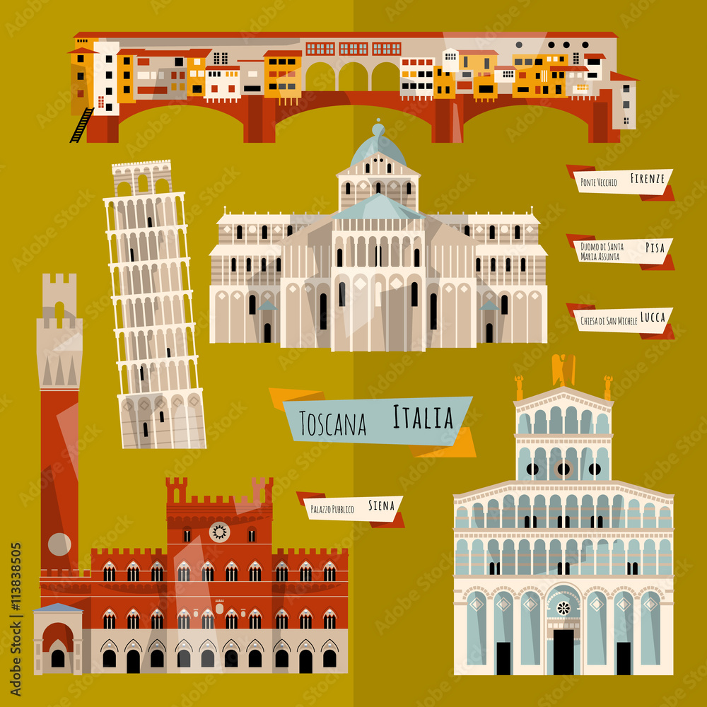 Sights of Tuscany. Florence, Lucca, Pisa, Siena, Italy, Europe. Seamless background pattern.