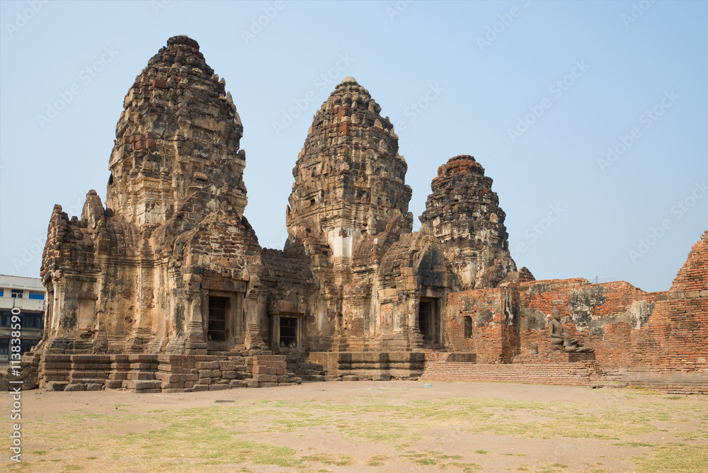 On the ruins of the ancient Khmer temple Wat Phra Prang Sam Yot. Lopburi, Thailand