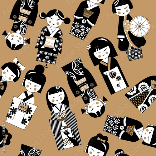 Traditional japanese doll. Kokeshi dolls. Black and white. Seamless background pattern.