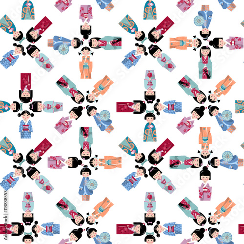 Traditional japanese doll. Kokeshi dolls. Seamless background pattern.