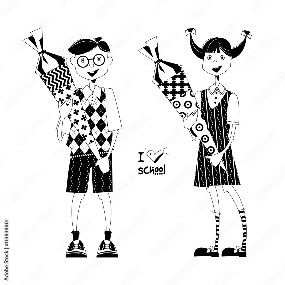 Boy and girl with Schultuete cones. I love school. Black and white. Boy and girl with Schultuete cones. I love school. Black and white.