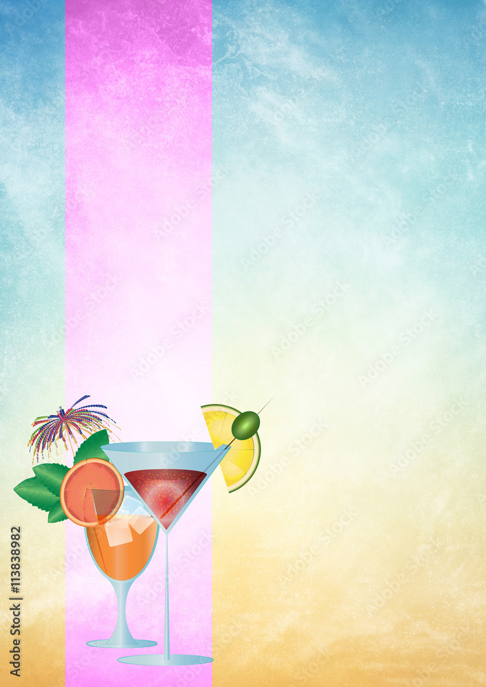 Two cocktail glasses with copy space for text. Abstract artistic background.  Concept of summer holidays, relax, drink. Price list or party invitation  background. Stock Illustration | Adobe Stock