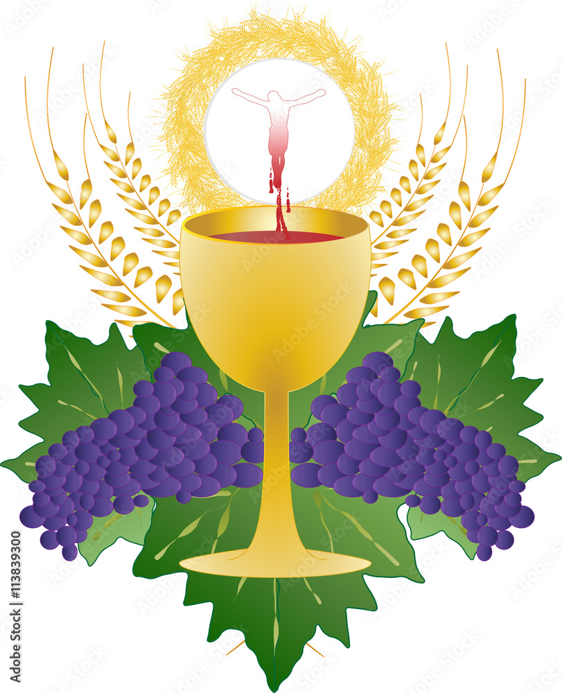 Eucharist symbols of bread and wine, chalice and bleeding host with